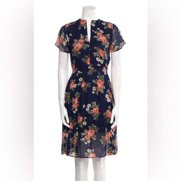 Reformation “Taylor” A-Line shirt Sleeve V-Neck Blue Navy Floral Midi Dress XS - Picture 4 of 4